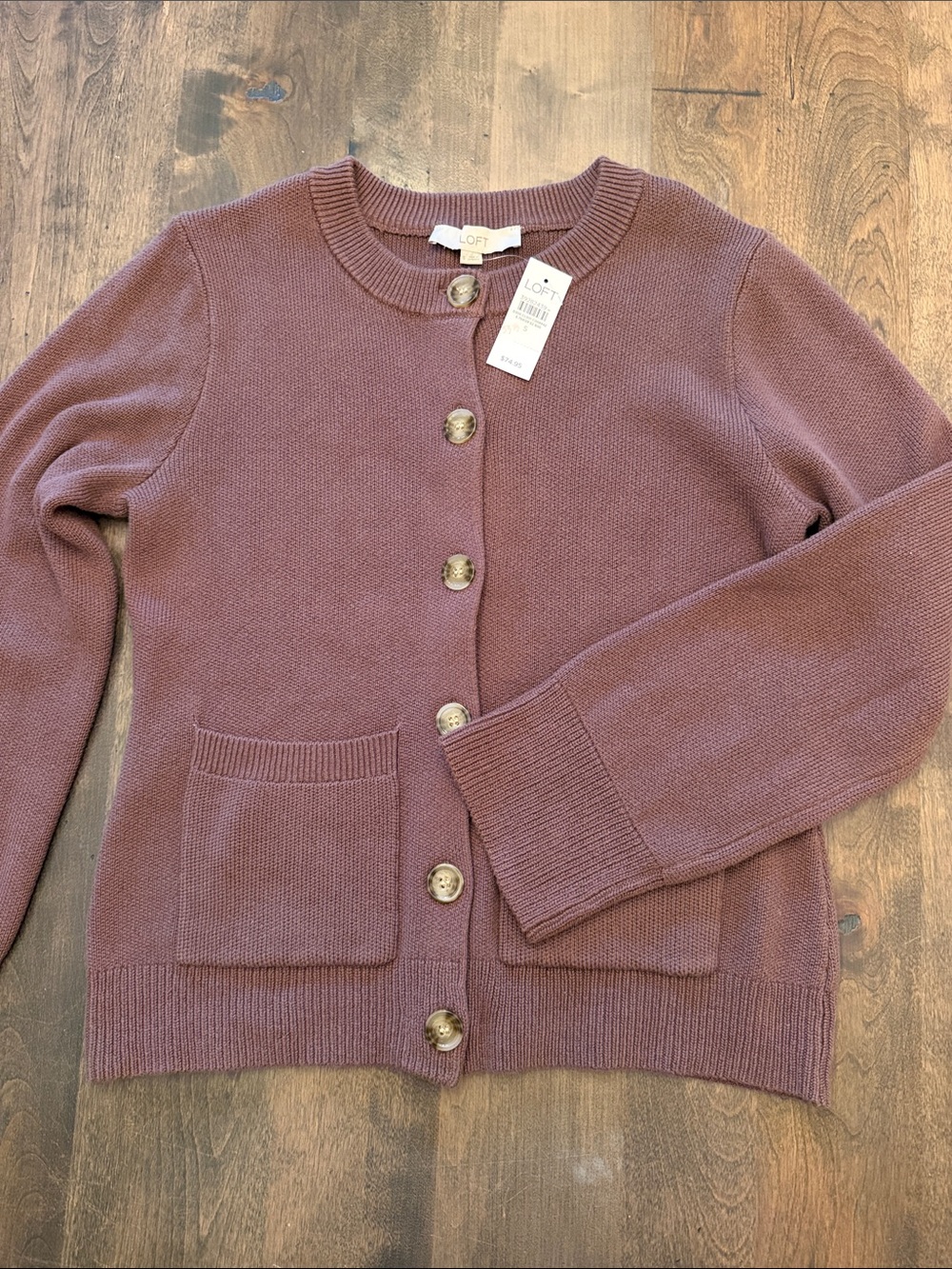 LOFT Brown 100% Cotton Crewneck Pocket Cardigan Sweater NWT Small